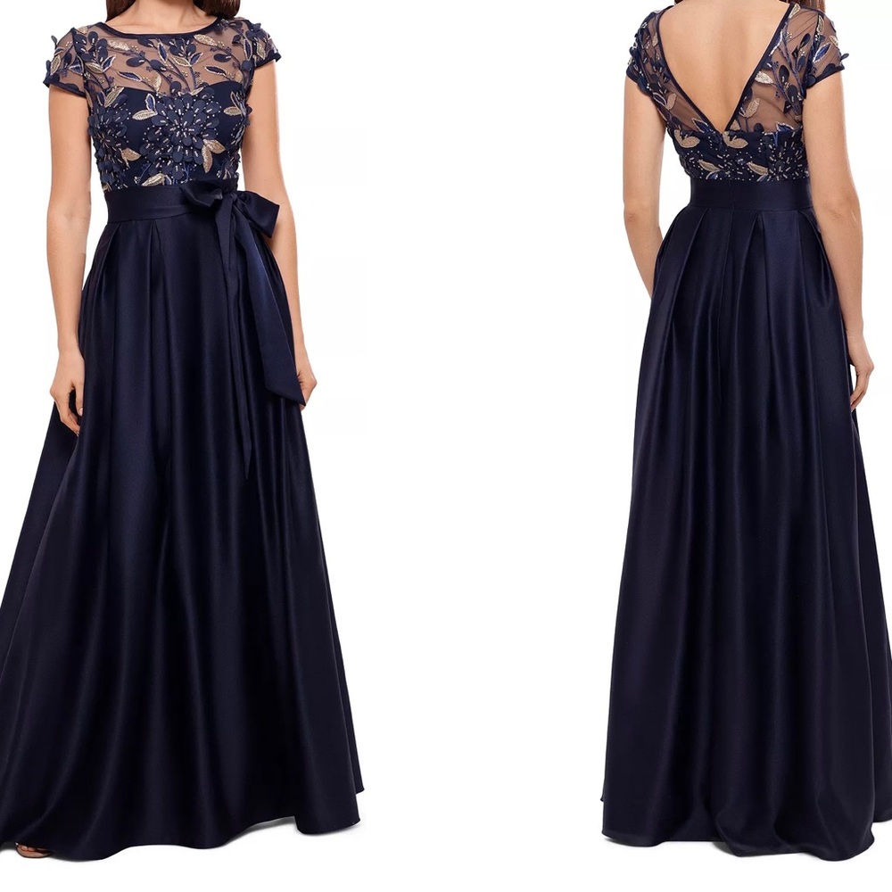 Xscape Navy Blue Embroidered Illusion Bodice Satin A-Line Gown